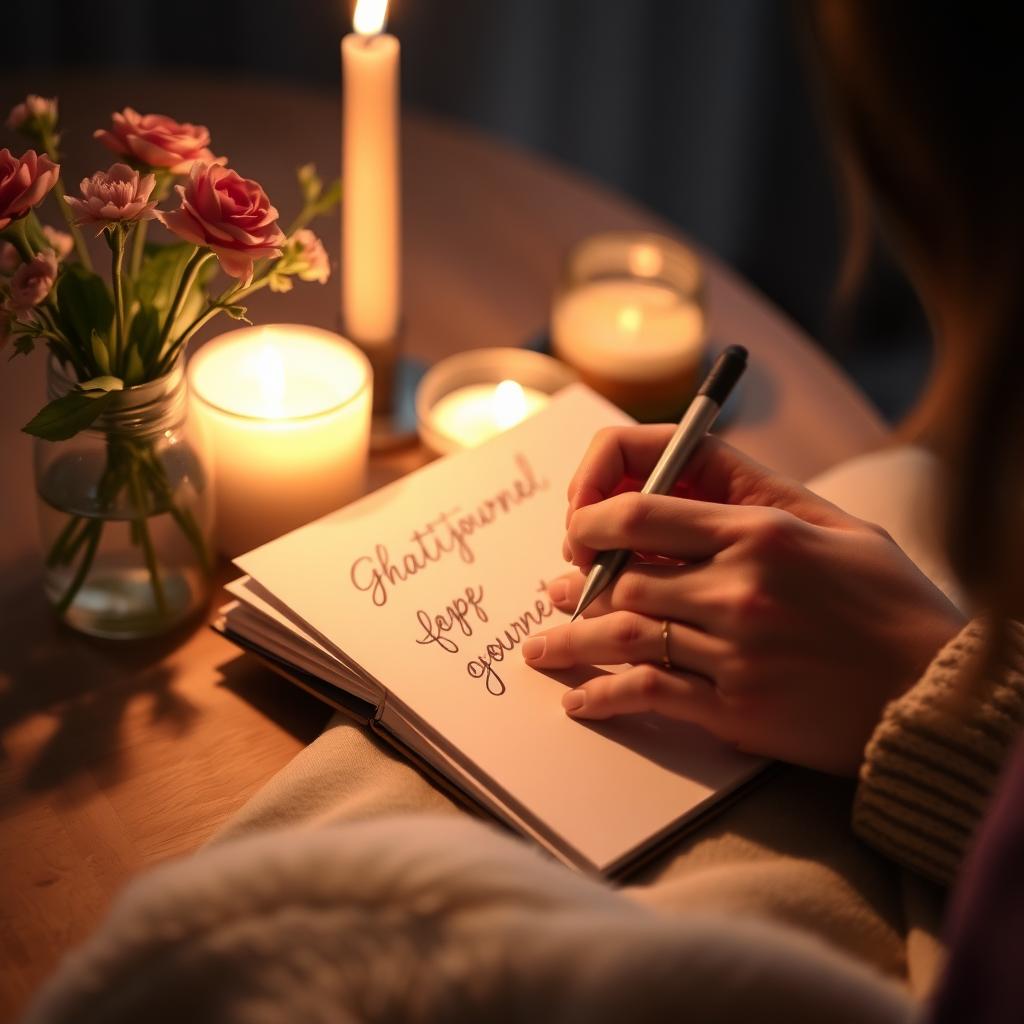 A woman writes in a gratitude journal, illuminated by candlelight, fostering emotional resilience.
