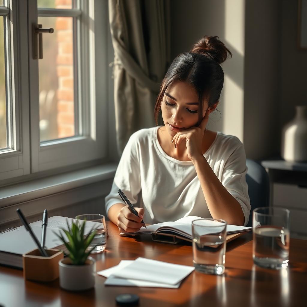 A woman writing in a journal at a tidy desk with a plant and sunlight streaming in.