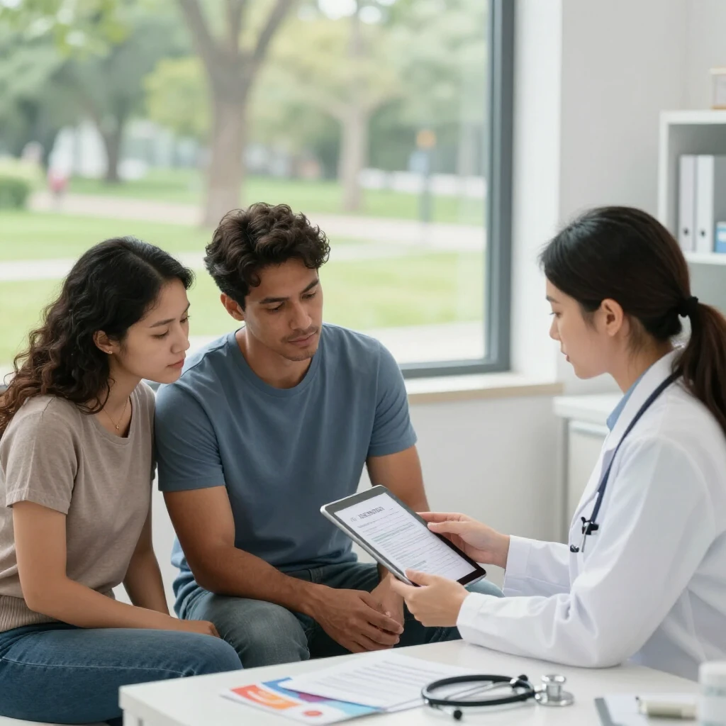 Couple discussing fertility financing options with doctor in clinic