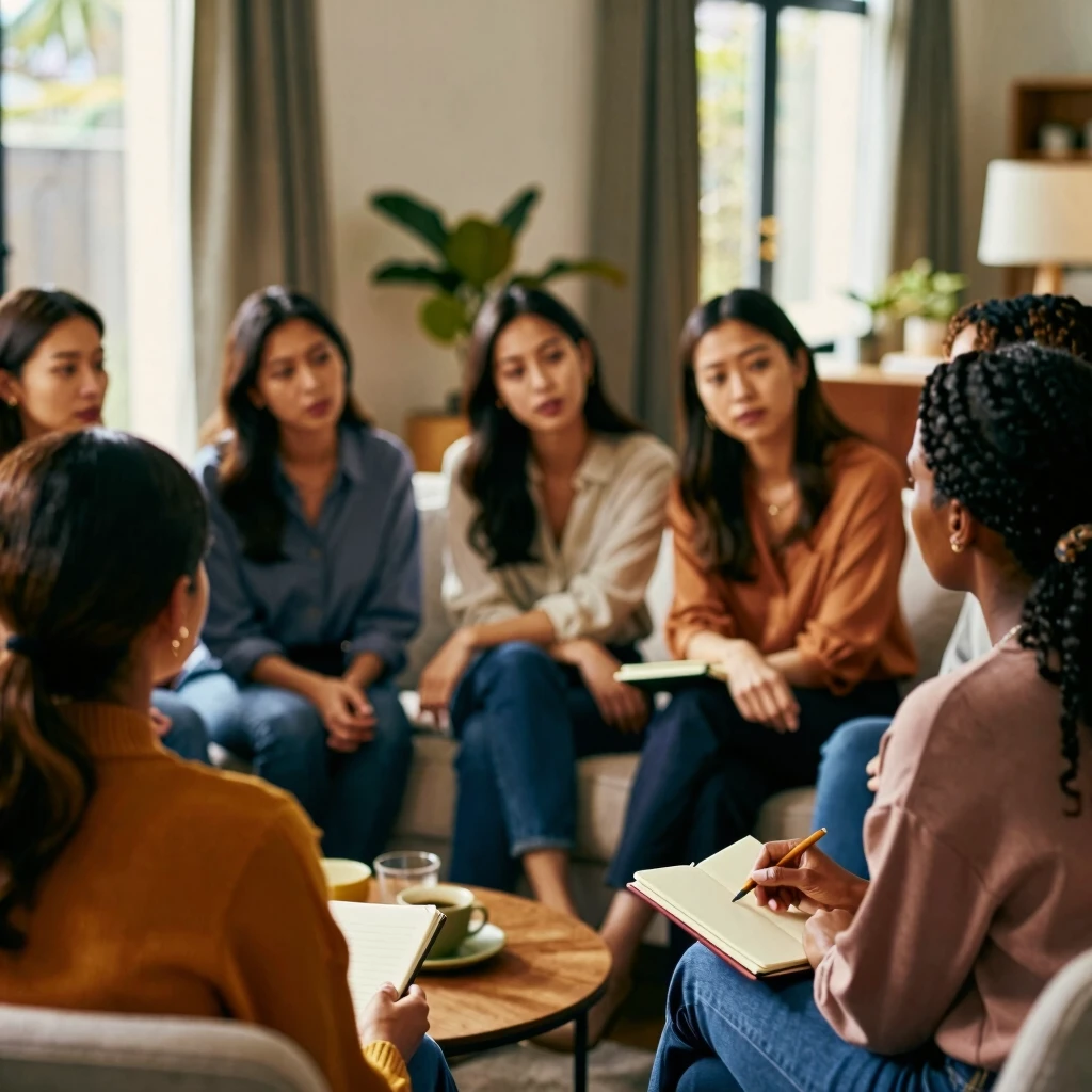 Women sharing endometriosis experiences in a supportive group