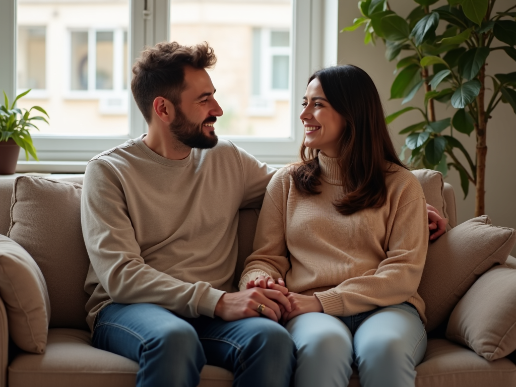 Couple holding hands in a fertility clinic waiting room, smiling gently.