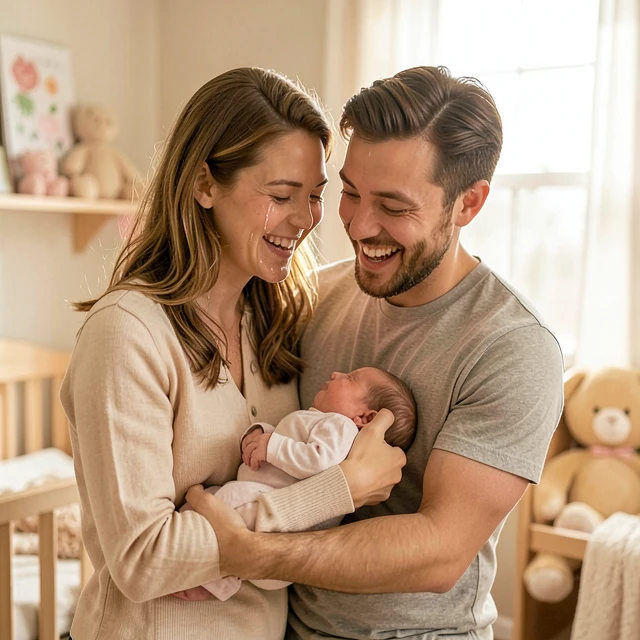 Happy couple embracing their newborn after successful fertility journey