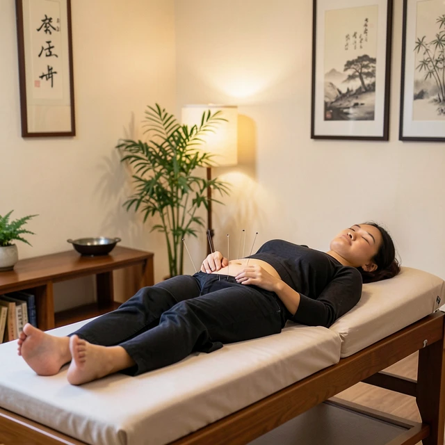 Woman receiving acupuncture treatment for endometriosis relief