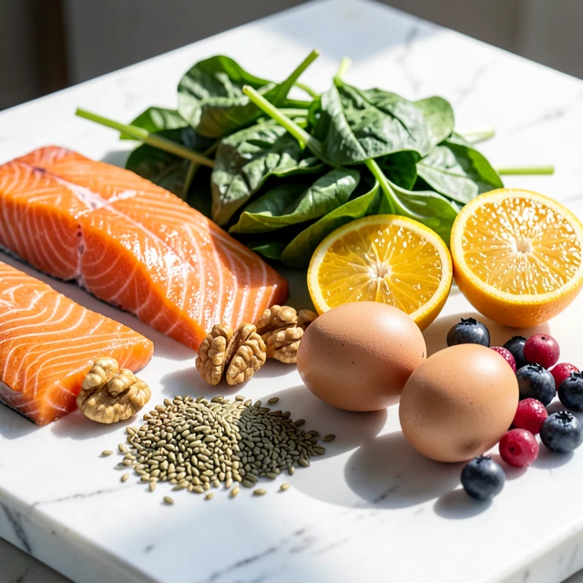 Close-up of fertility hormone supporting foods like salmon, nuts, greens, and fruits