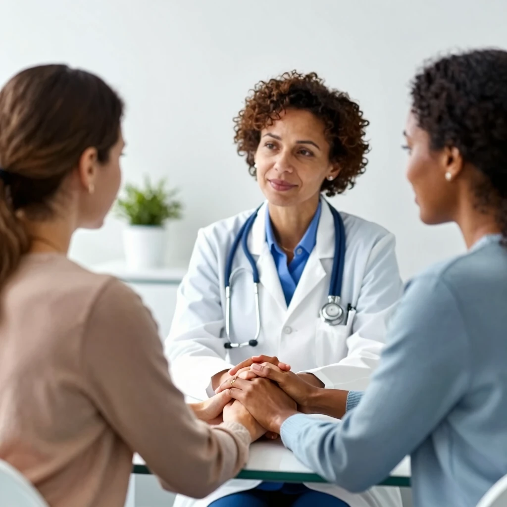 Fertility doctor consulting with couple in clinic office