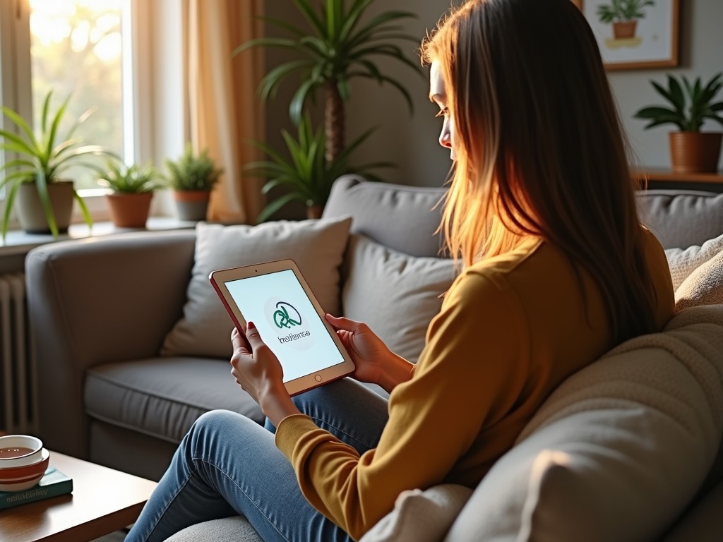 A woman looking thoughtful, reading about fertility drugs on her tablet.