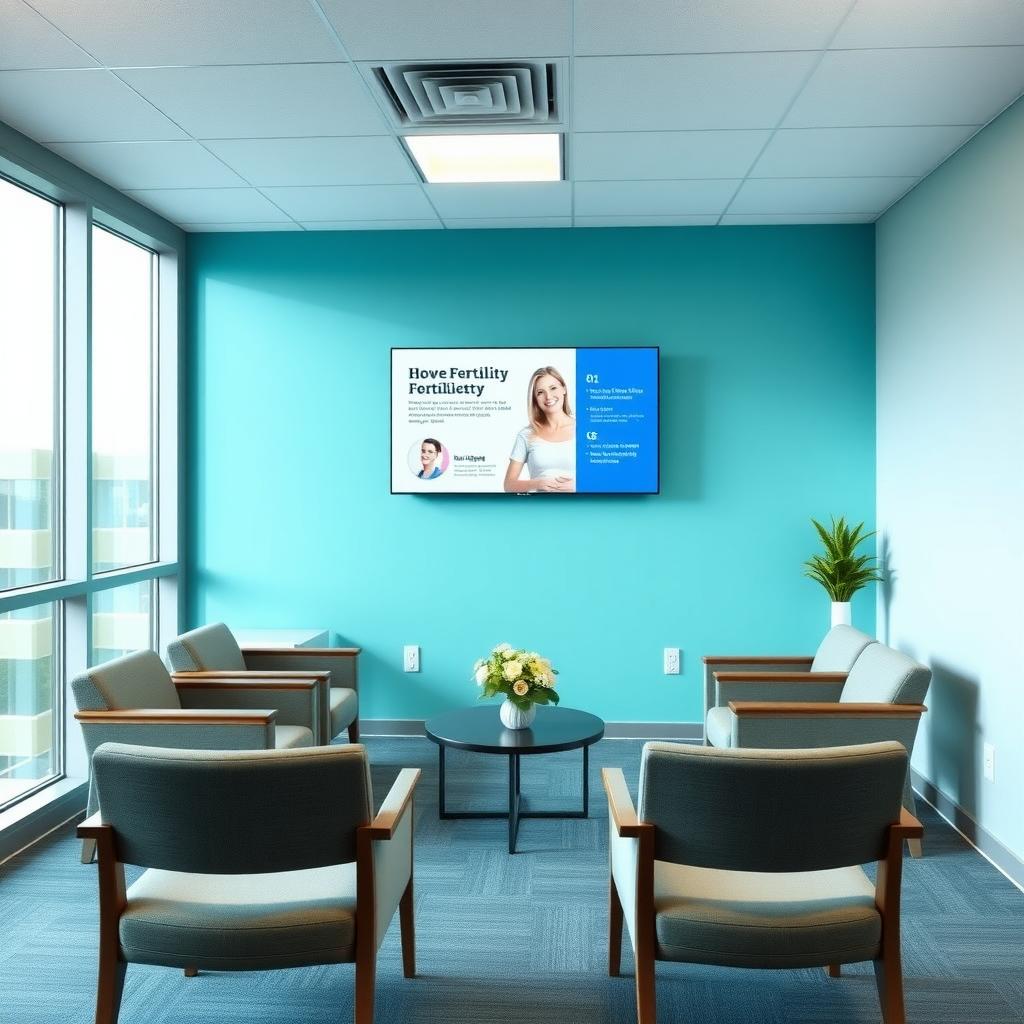 Modern fertility clinic waiting area with comfortable chairs, soothing colors, and educational content on a digital screen.