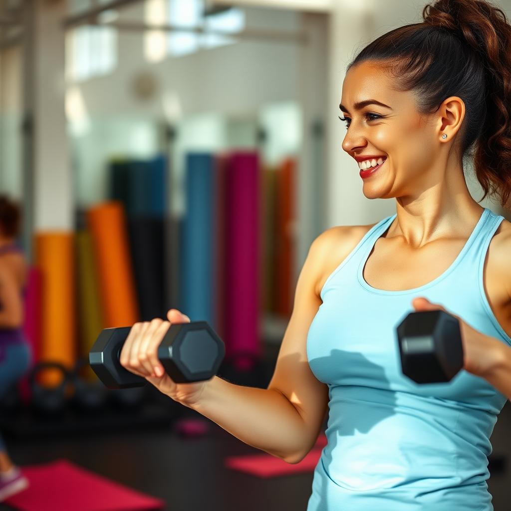 Woman doing light strength training with dumbbells in a bright gym