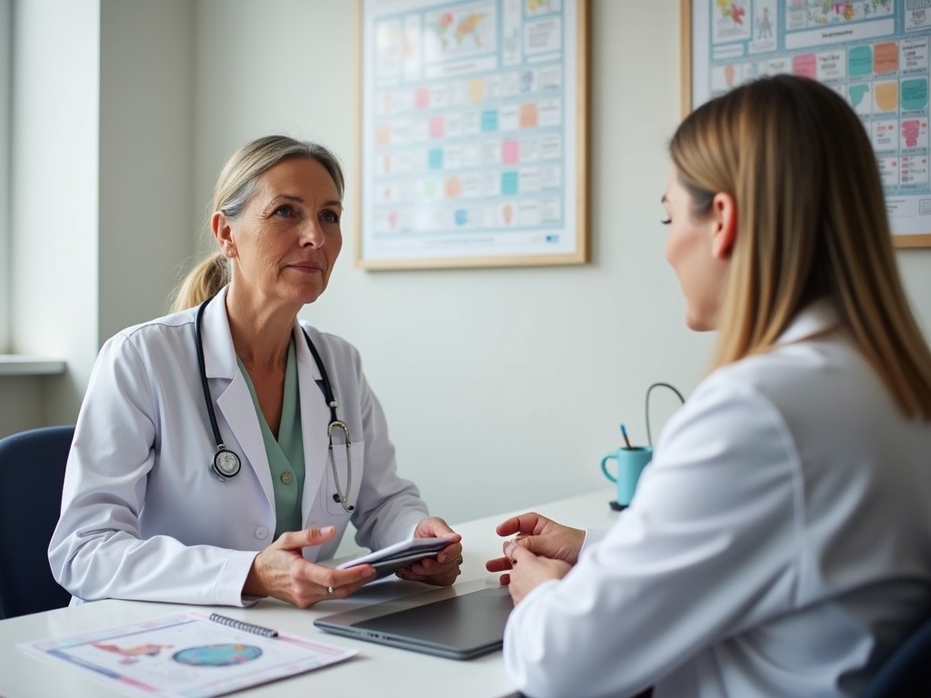 Doctor discussing treatment options with a patient in a clinic setting.