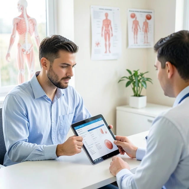 Male patient consulting a specialist about infertility evaluation and treatment