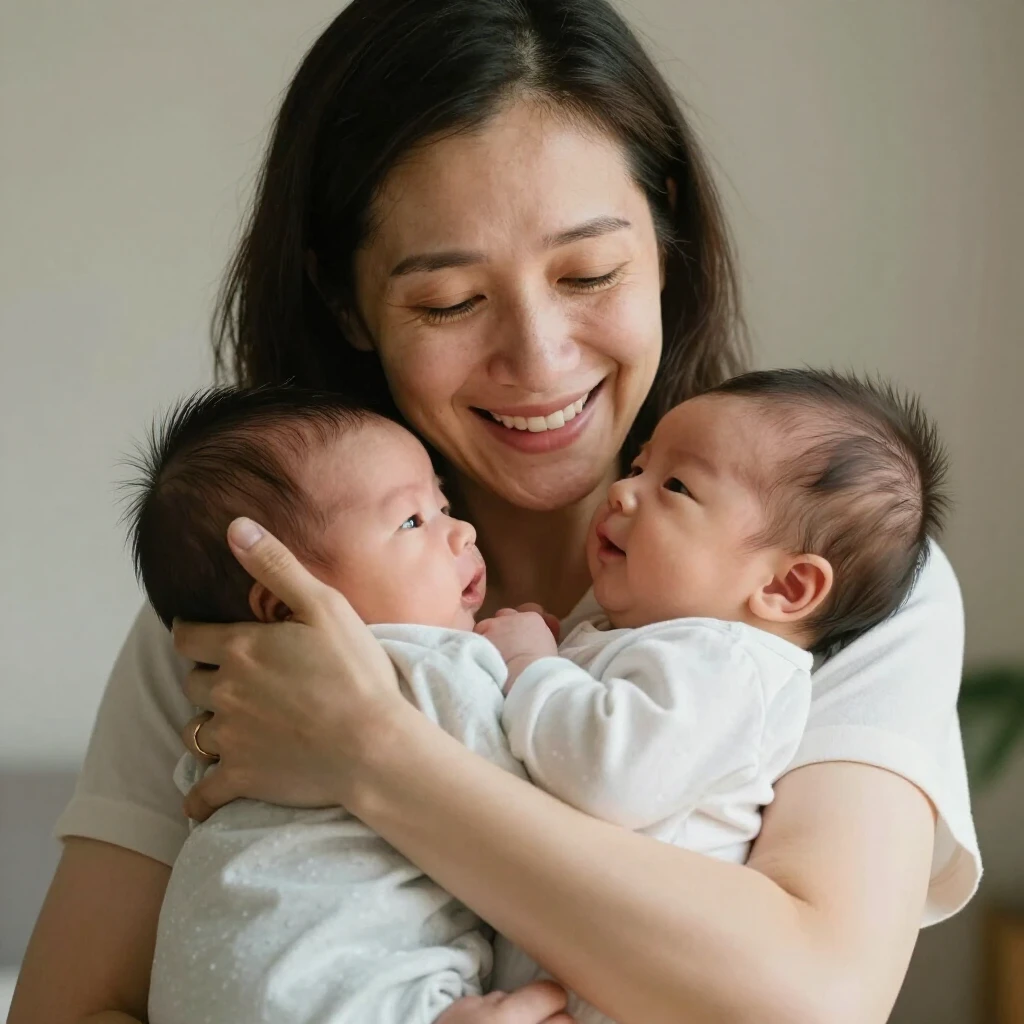 Happy mother in her 40s holding newborn baby