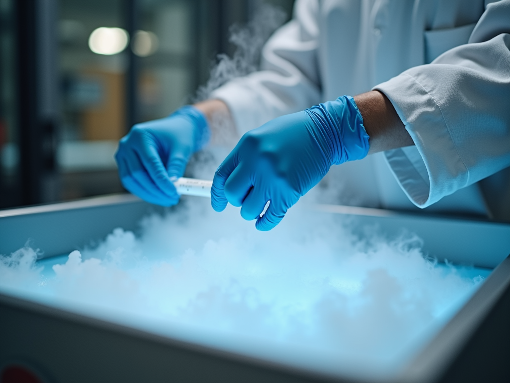 Lab technician with cryopreservation tank