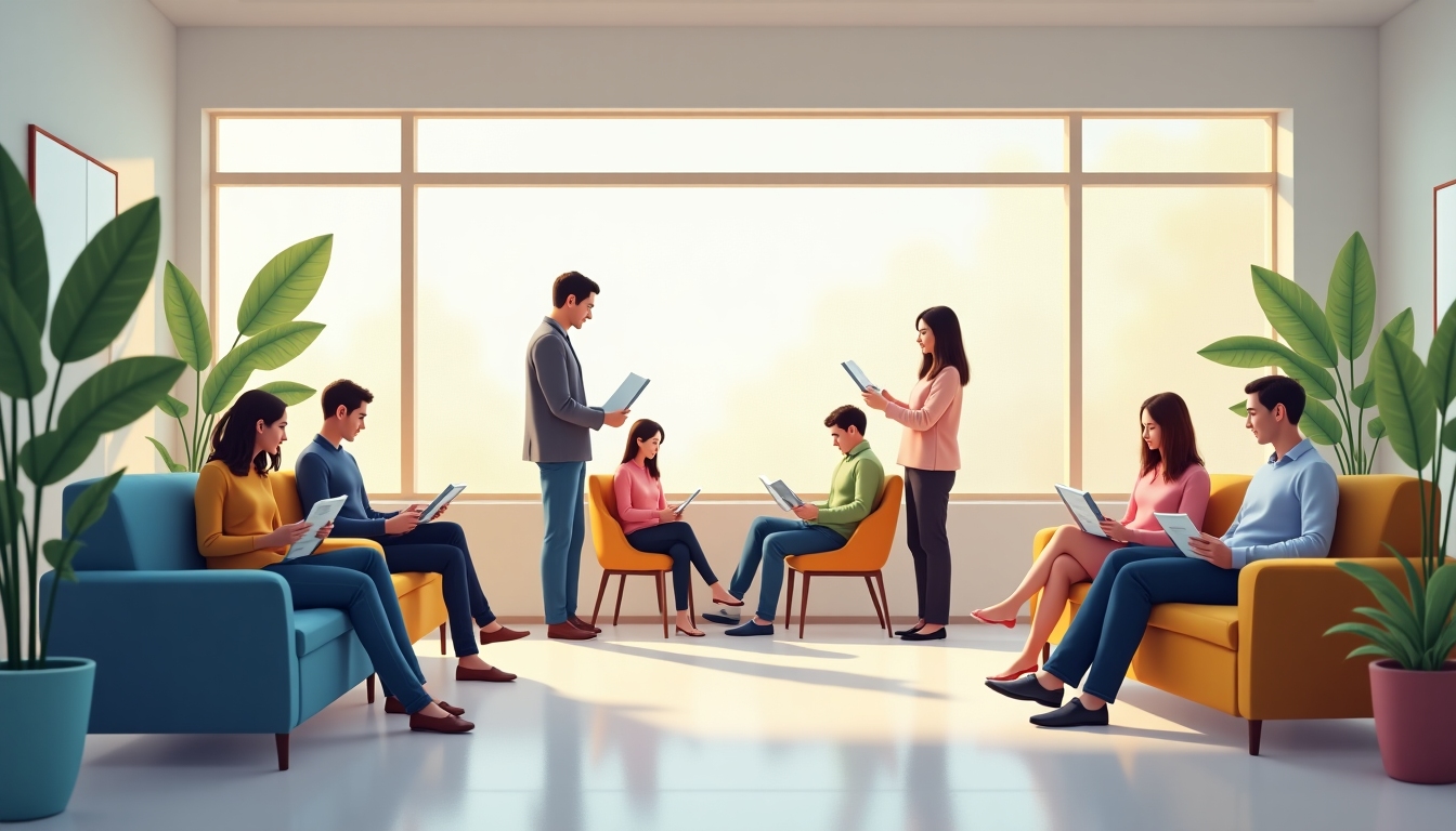 Diverse group in a fertility clinic waiting room, symbolizing inclusivity in fertility care.