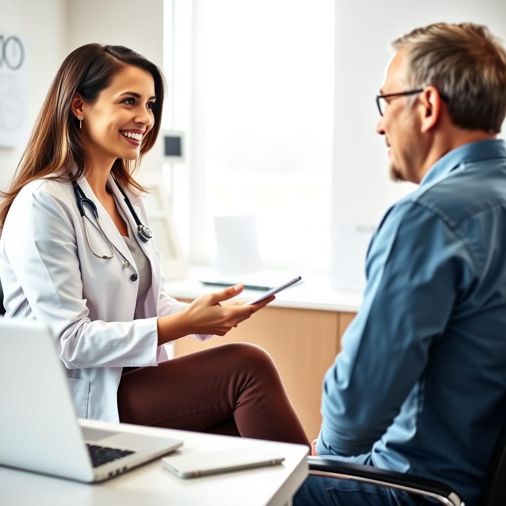Female fertility specialist discussing IVF treatment plan with a couple in a modern clinic