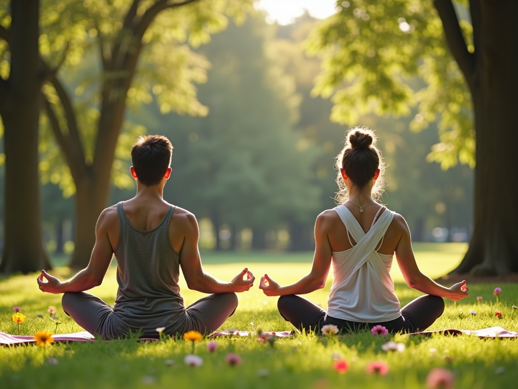Yoga and meditation in a serene park setting.