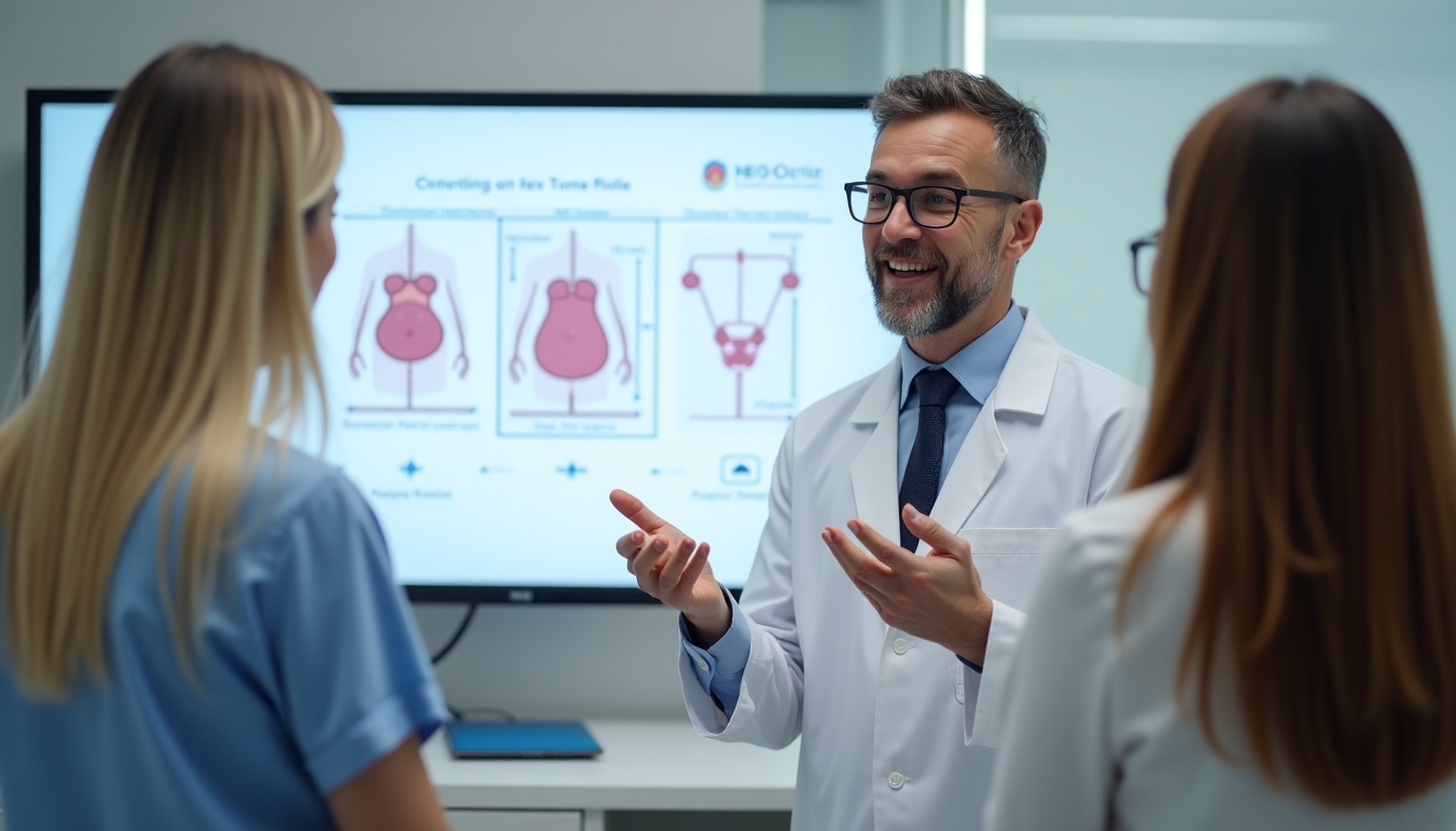 A fertility specialist in a laboratory explaining the IVF process to patients, highlighting the scientific precision involved in treatments.