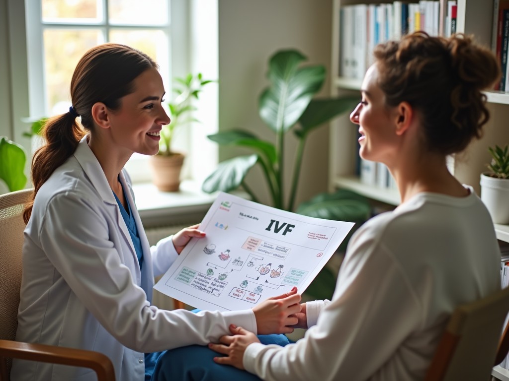 A medical professional explaining the IVF process to a patient, showing clarity and support.