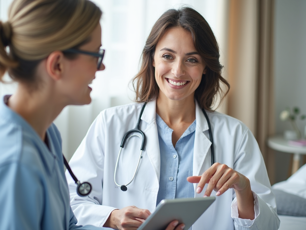 Woman discussing fertility preservation with a doctor.