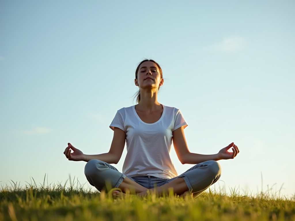 A woman practices mindfulness while meditating on a quiet grassy hill.