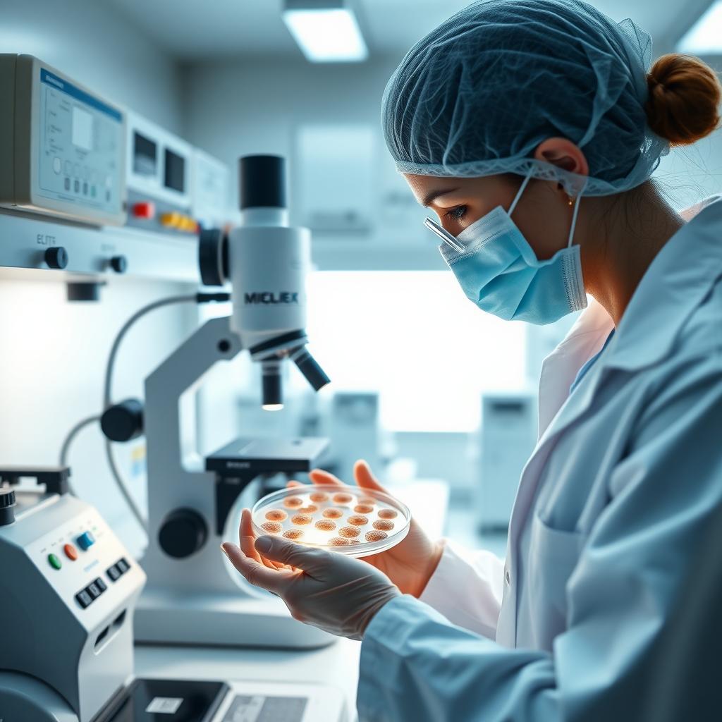 Laboratory technician performing preimplantation genetic testing in a fertility lab