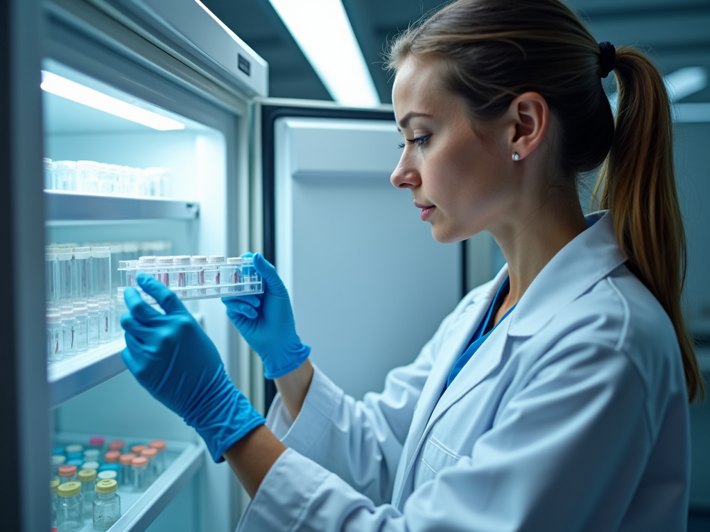 Technician freezing sperm samples for preservation.