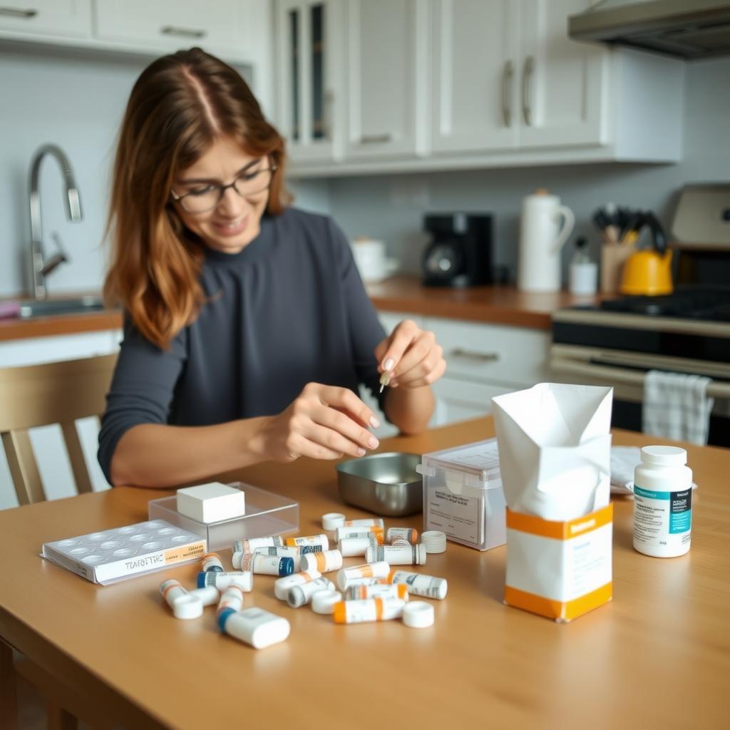 A person at a kitchen table, sorting medications into a pill organizer. A calendar and smartphone sit nearby, showing a moment of focus and preparation in a cozy, relatable setting.