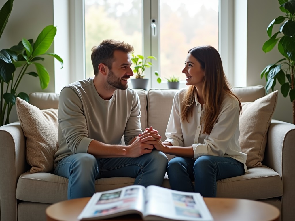 Couple holding hands in a fertility clinic waiting room, looking hopeful.