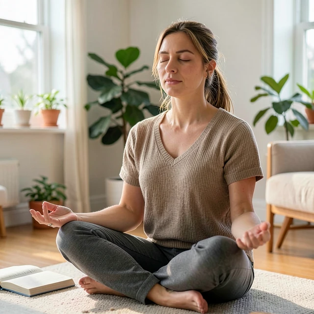 Woman practicing stress management meditation during fertility journey