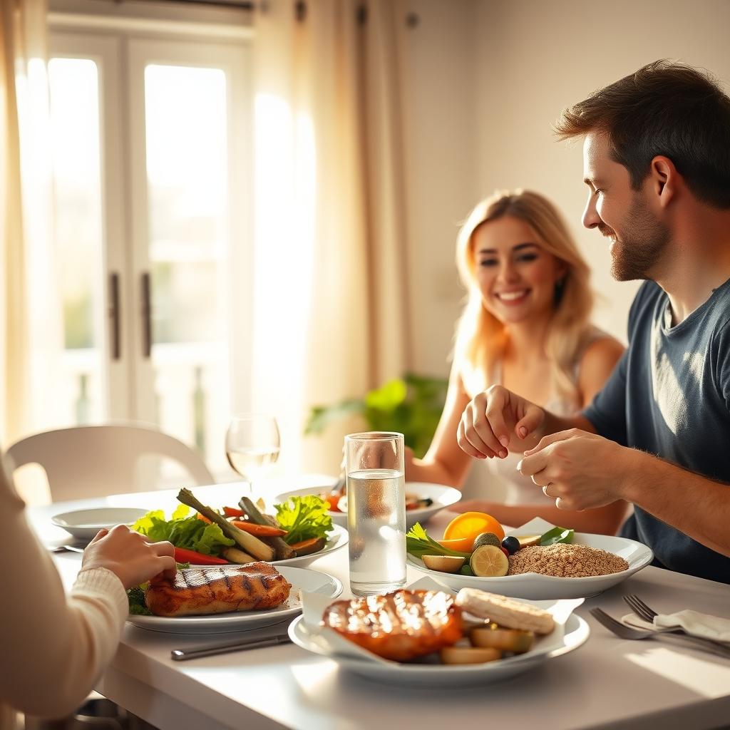 A couple enjoying a healthy meal together in a sunlit dining area.