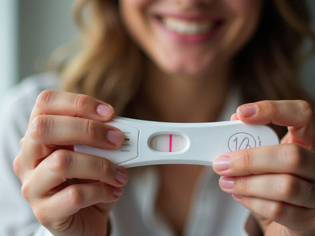 A woman holding a positive pregnancy test, symbolizing the success of treatment for ovulation disorders.