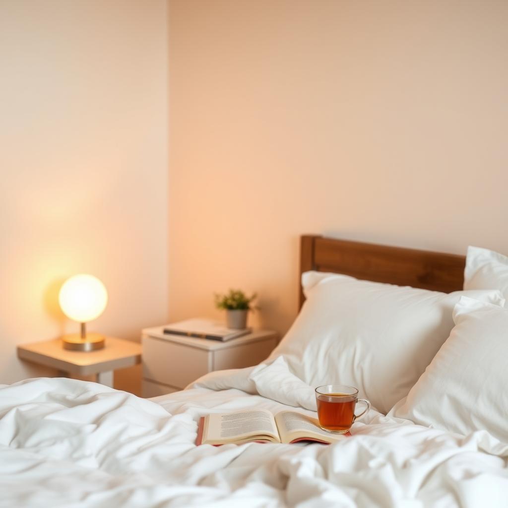 A cozy bedroom setup with chamomile tea and a book, promoting restful sleep for fertility.