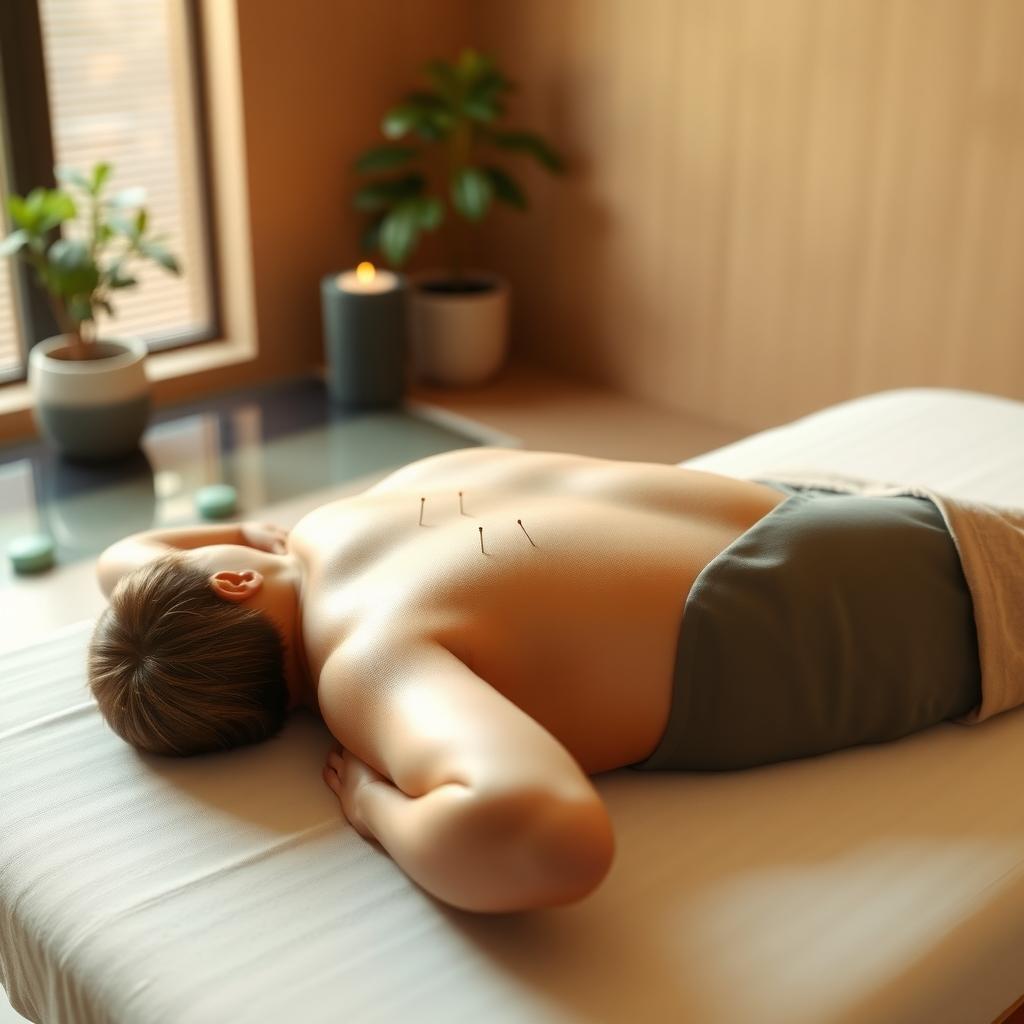 A person receiving acupuncture in a serene clinic with warm lighting and a small plant.