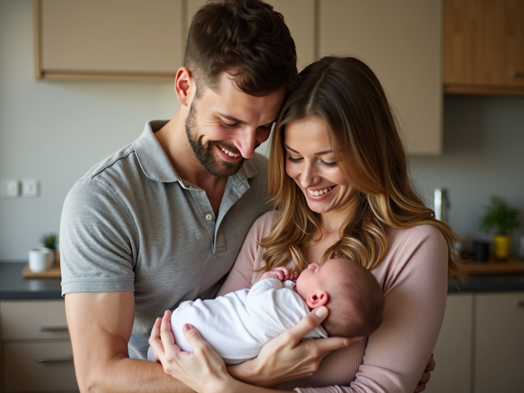 Couple with newborn baby outside fertility clinic, symbolizing successful IVF journey