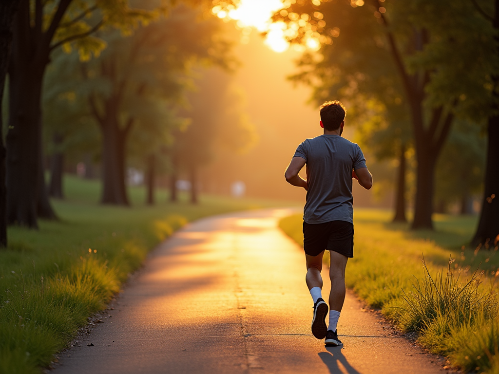 Man jogging in park at sunrise