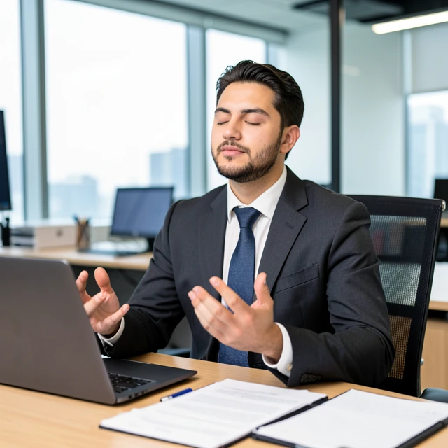 Busy professional man practicing mindfulness meditation at his desk
