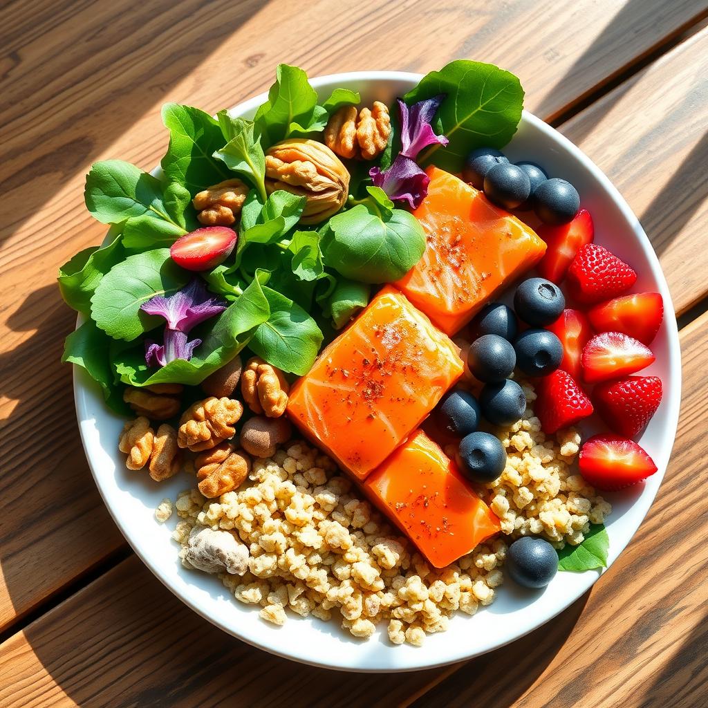 A plate of fertility-boosting foods like spinach, salmon, berries, and quinoa on a wooden table.