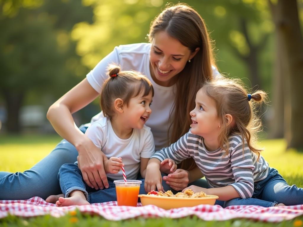 A family with twins enjoying a picnic in the park