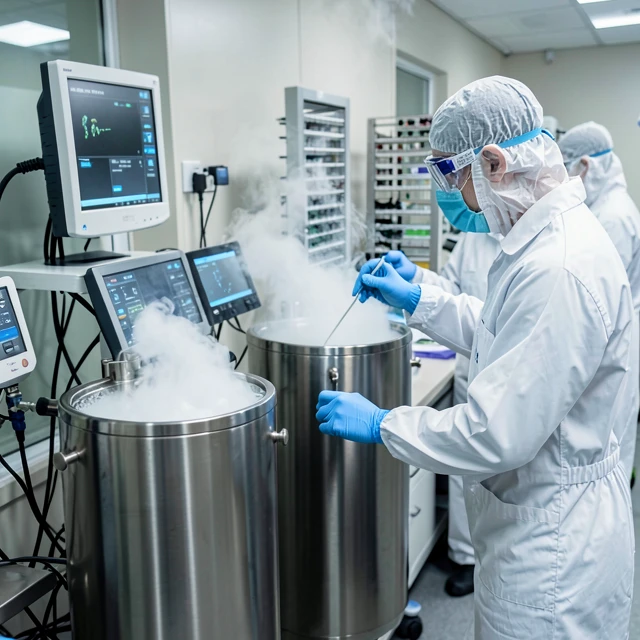 Modern sperm bank laboratory with cryopreservation storage tanks