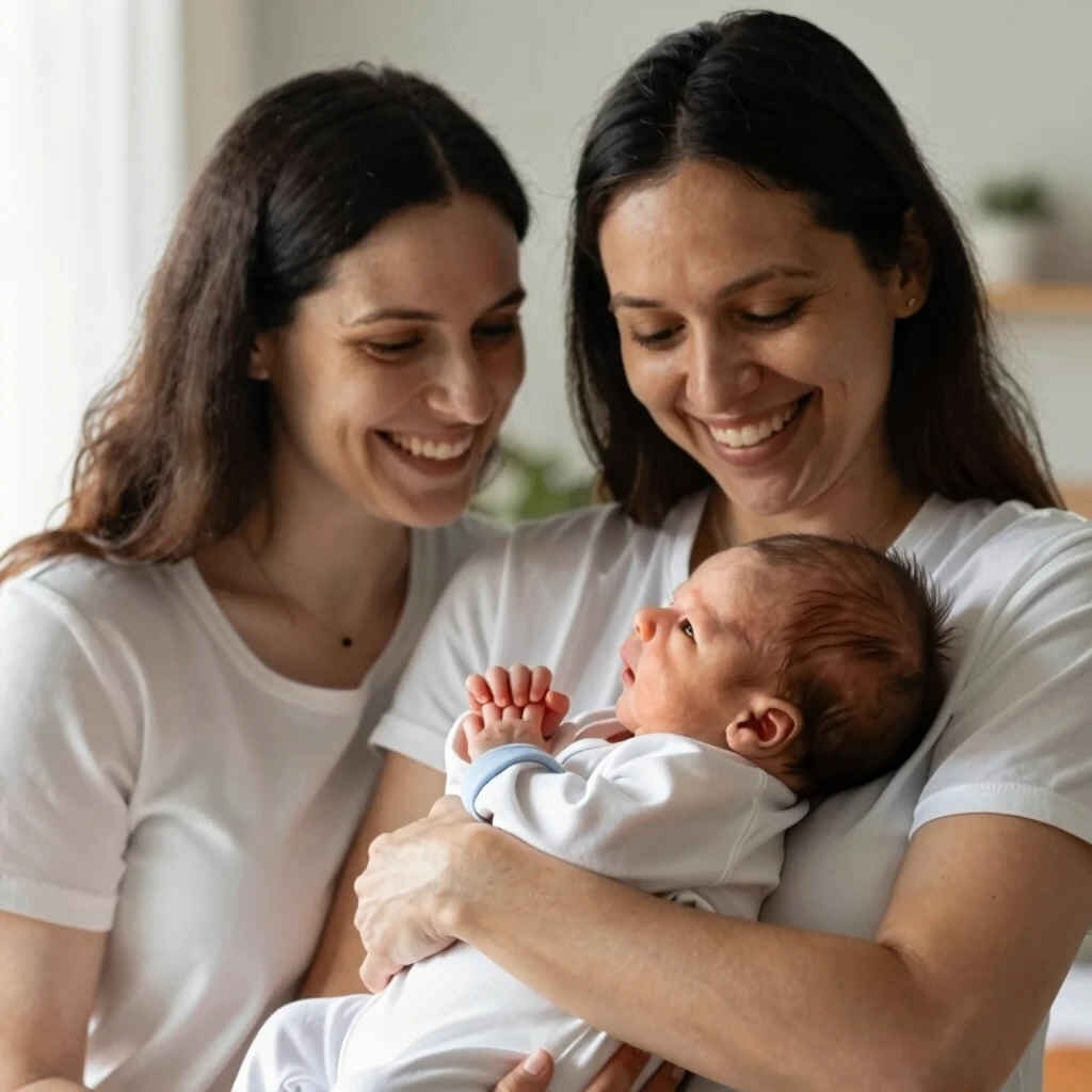 Happy couple holding newborn baby after successful IVF