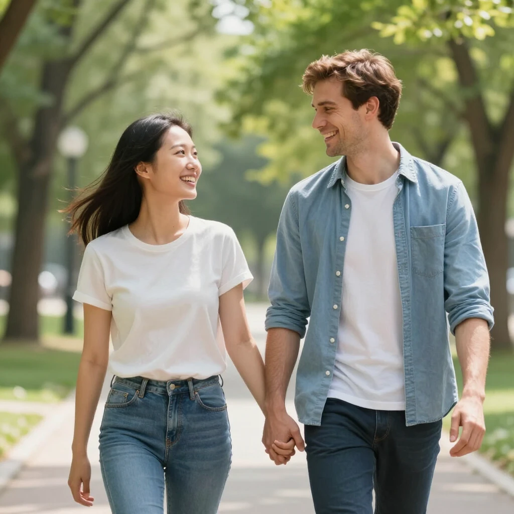 Happy couple walking in park, representing hope after fertility journey