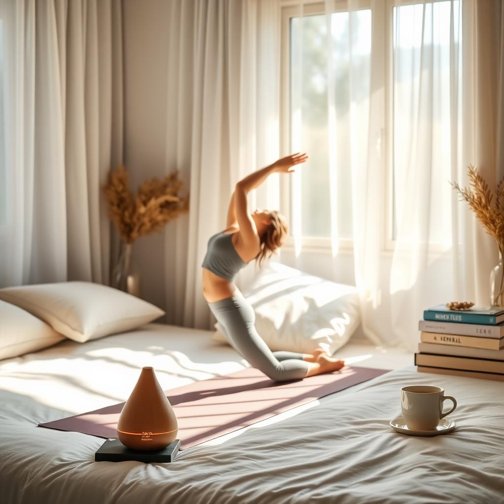 A woman practicing yoga in a cozy bedroom with soft sunlight, a diffuser, and herbal tea.