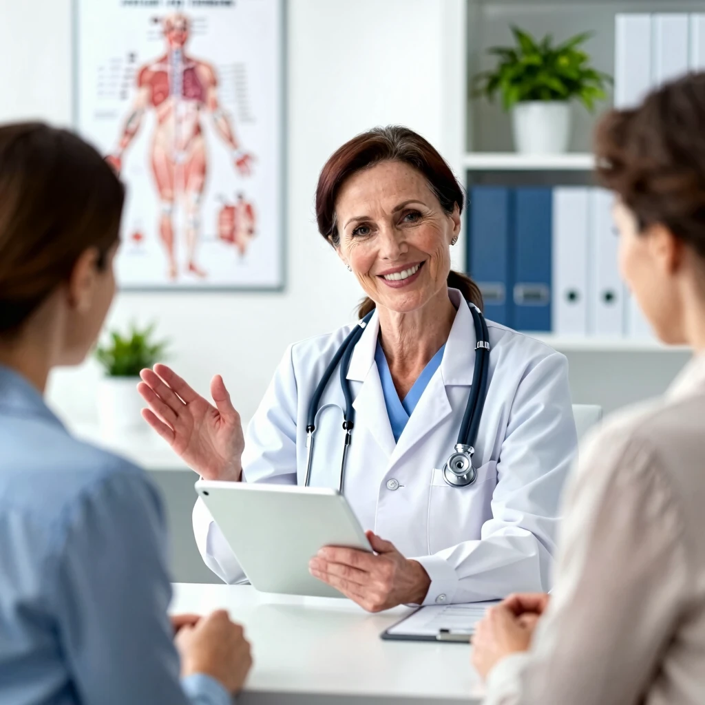 Fertility specialist engaging in a supportive consultation with a couple in a comfortable clinic environment
