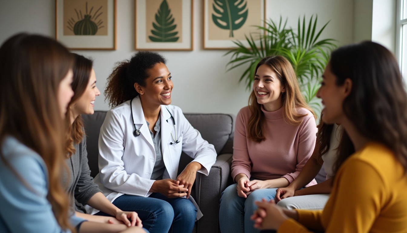 Doctor leading a patient support group, with various women sharing experiences in a welcoming environment.