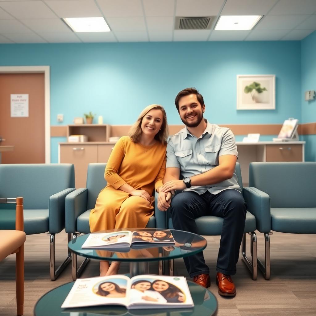 Couple in a modern fertility clinic waiting room