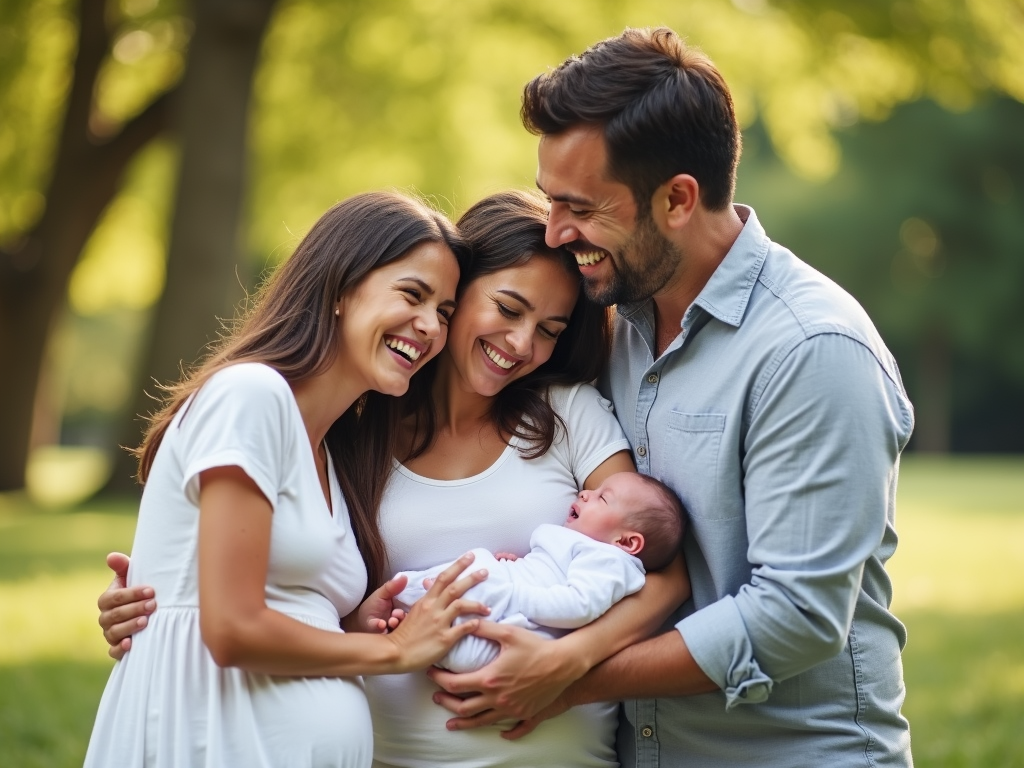 Family with a newborn in a park