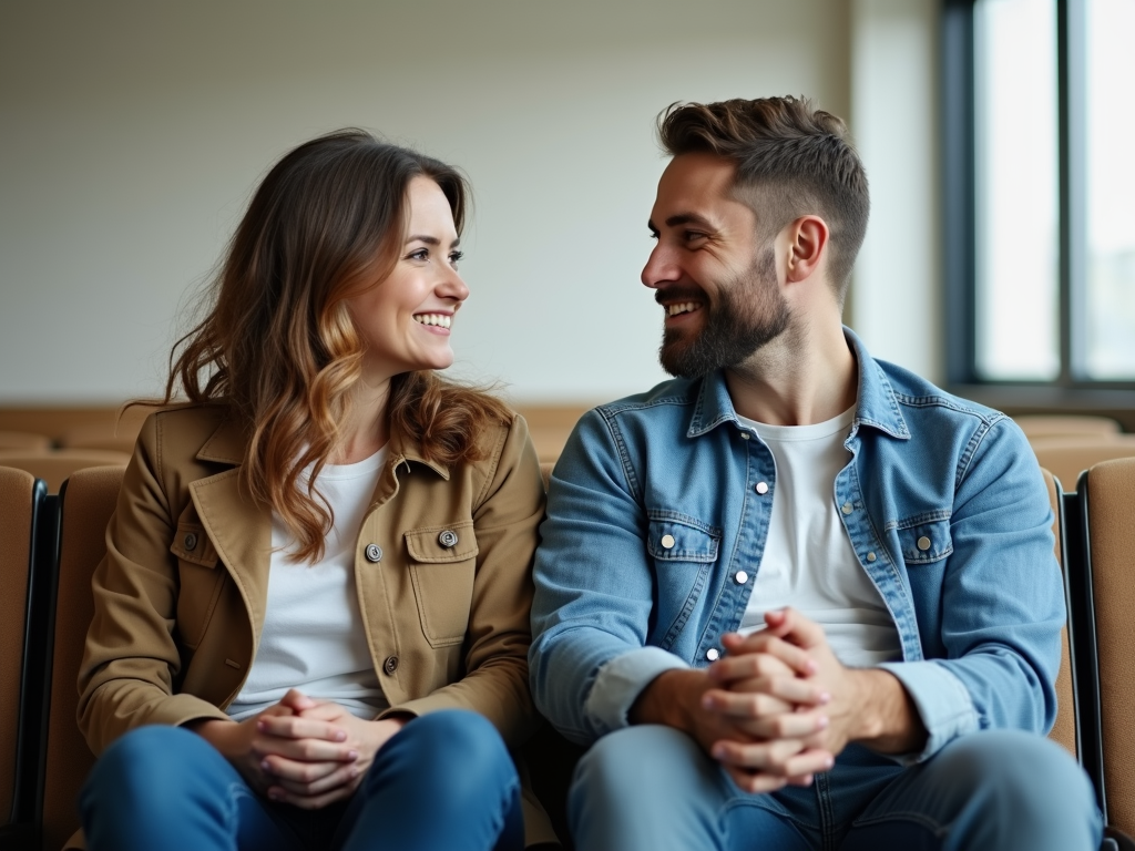 A couple supporting each other before a fertility consultation.