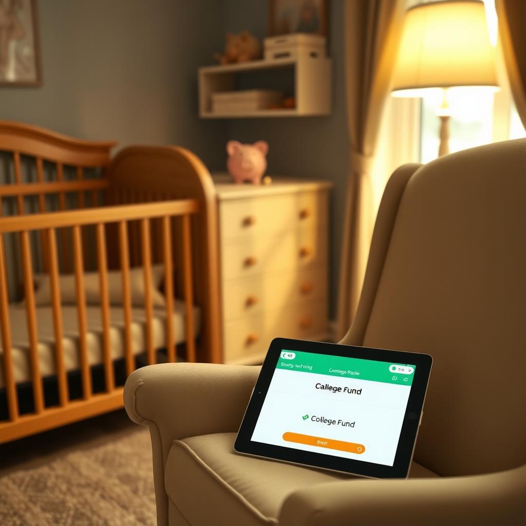 Cozy nursery with a tablet displaying a budgeting app’s college savings goal