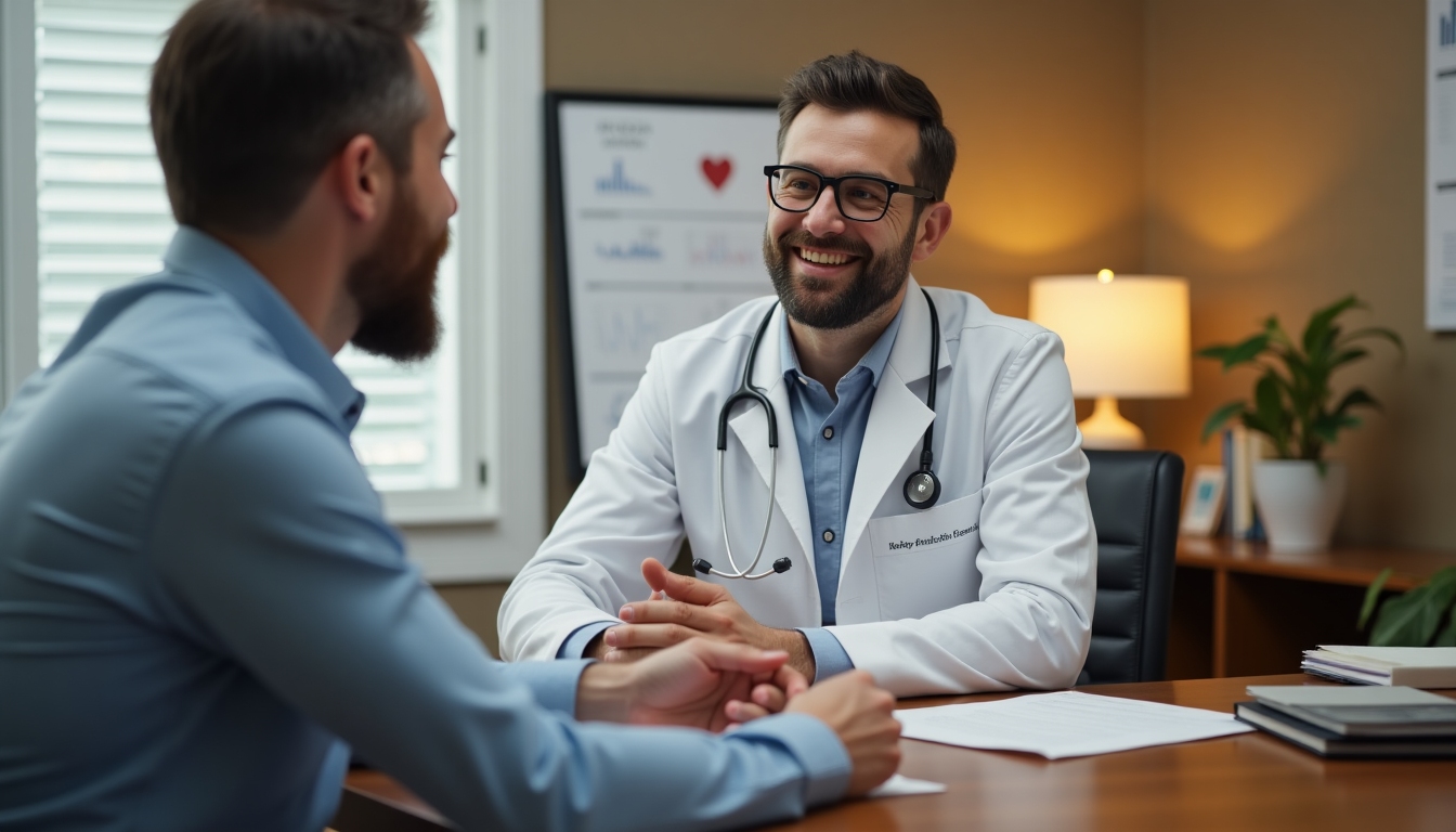 A male patient discussing treatment options with a reproductive endocrinologist, showcasing a professional interaction.