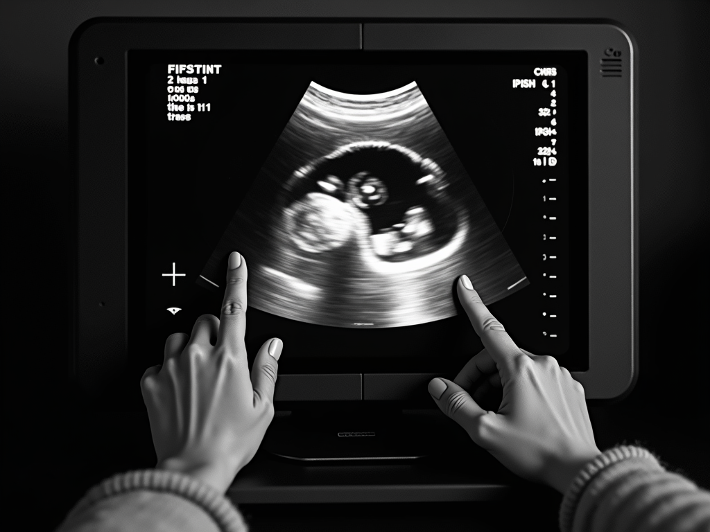 Couple touching ultrasound screen showing embryo.
