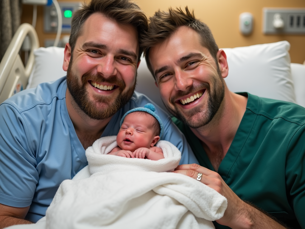 LGBTQ+ couple celebrating the birth of their child